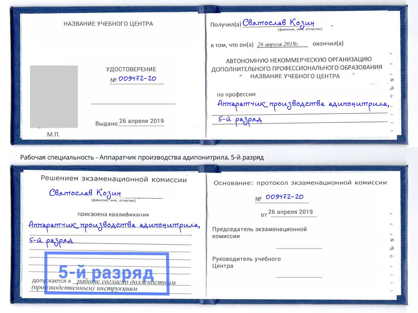 корочка 5-й разряд Аппаратчик производства адипонитрила Белогорск