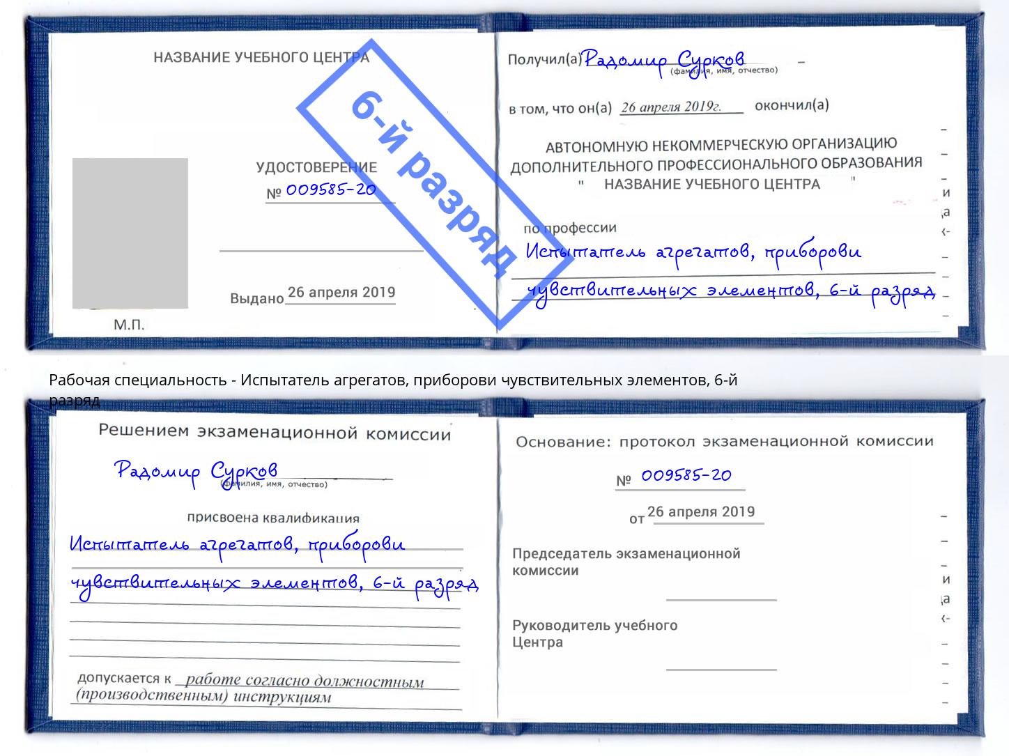 корочка 6-й разряд Испытатель агрегатов, приборови чувствительных элементов Белогорск