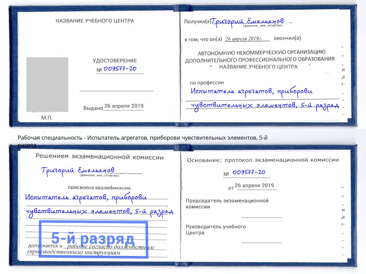 корочка 5-й разряд Испытатель агрегатов, приборови чувствительных элементов Белогорск