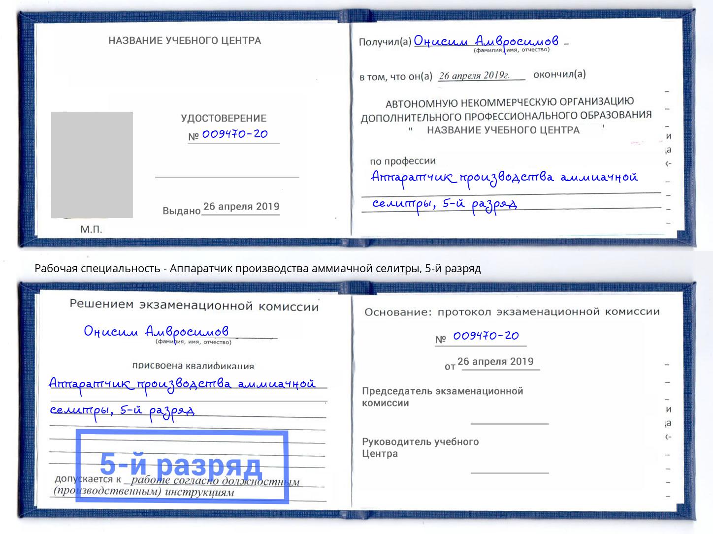 корочка 5-й разряд Аппаратчик производства аммиачной селитры Белогорск