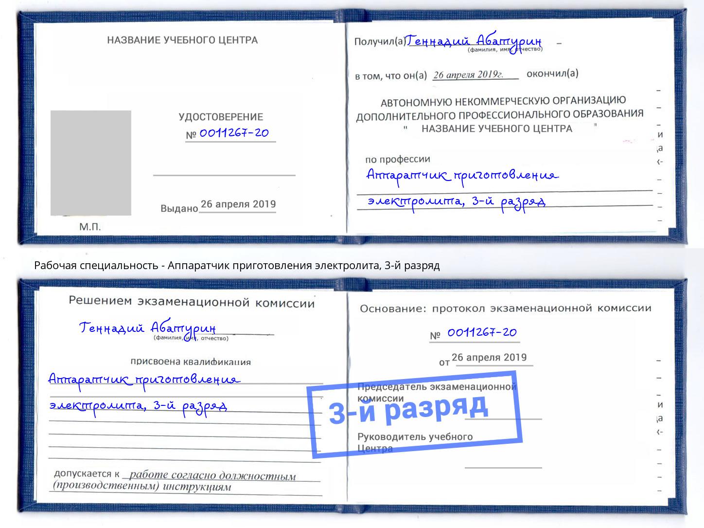корочка 3-й разряд Аппаратчик приготовления электролита Белогорск