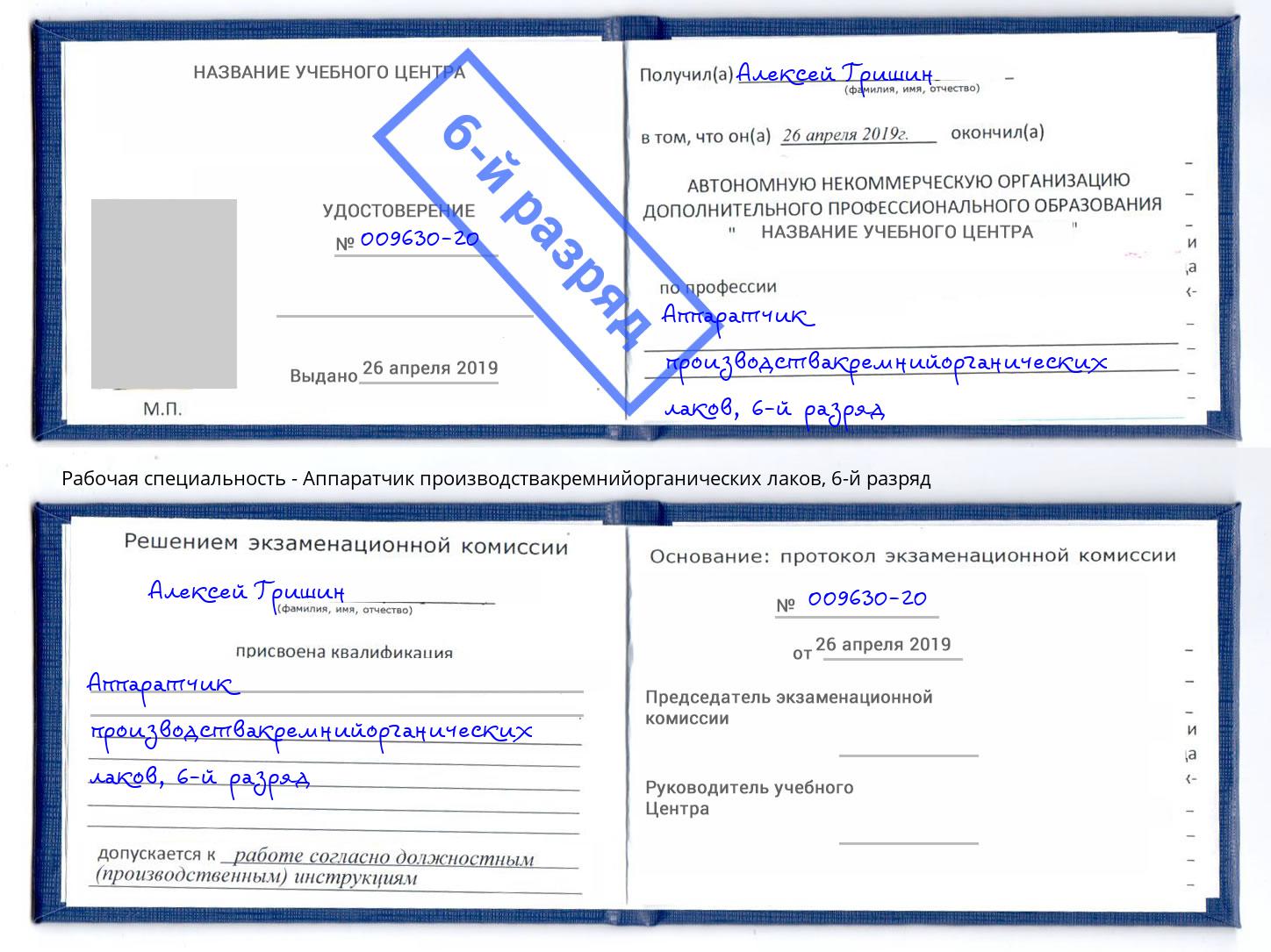 корочка 6-й разряд Аппаратчик производствакремнийорганических лаков Белогорск