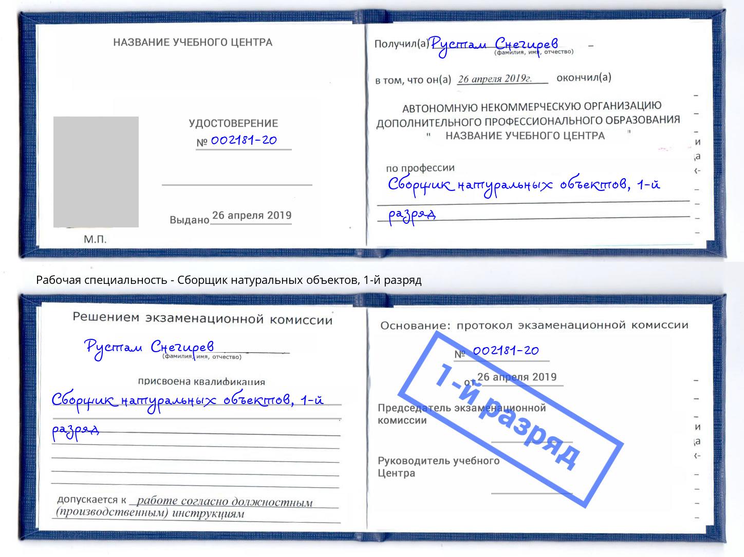 корочка 1-й разряд Сборщик натуральных объектов Белогорск