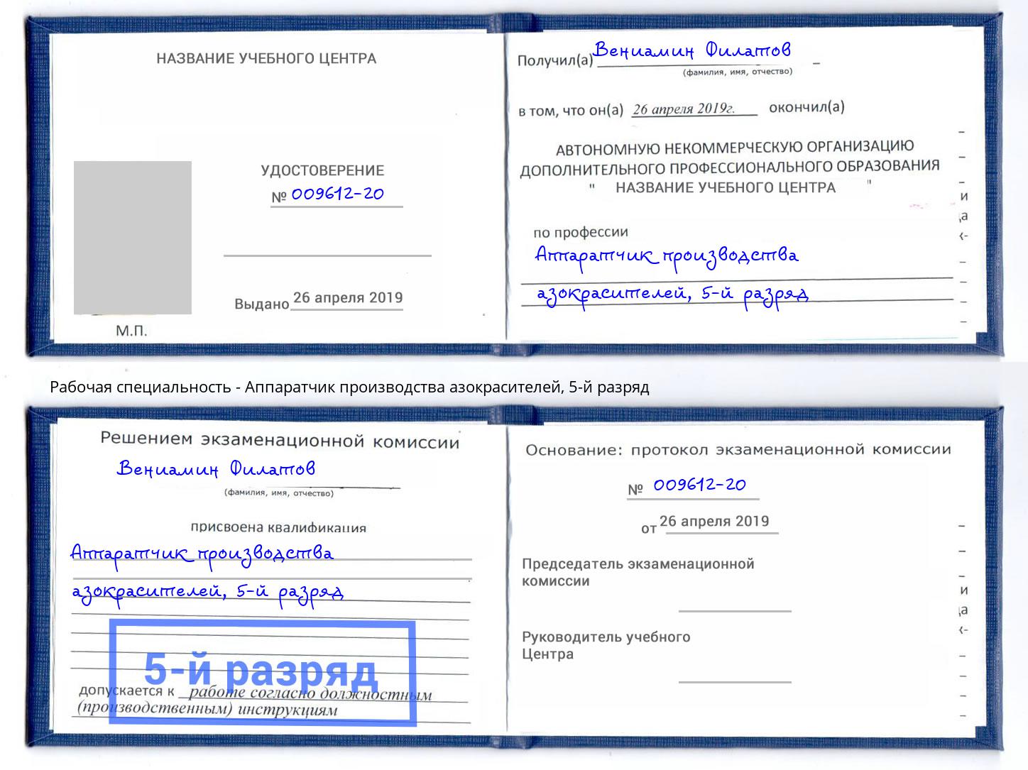 корочка 5-й разряд Аппаратчик производства азокрасителей Белогорск